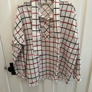 Zara Woman Top Black White Red High Tie Neck Blouse Sz L Window Pane